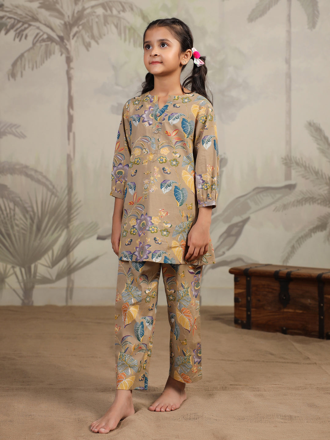 Brown Printed Cotton Night Suit for Kids