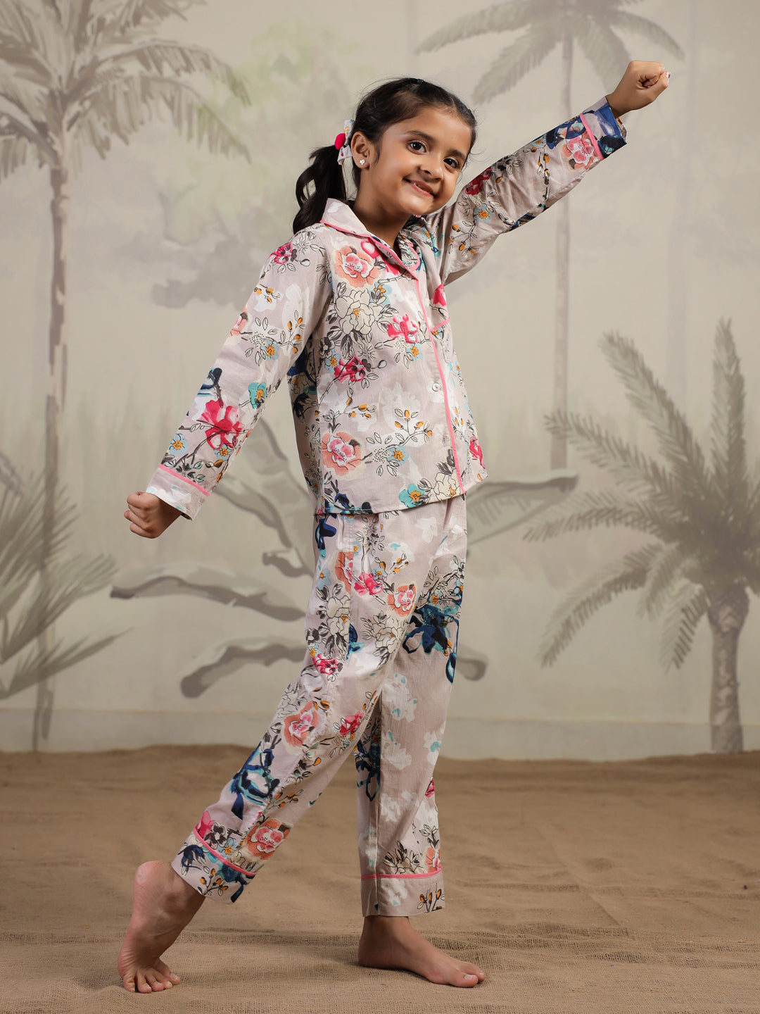 Multi Flower Printed Night Suit Set for Kids