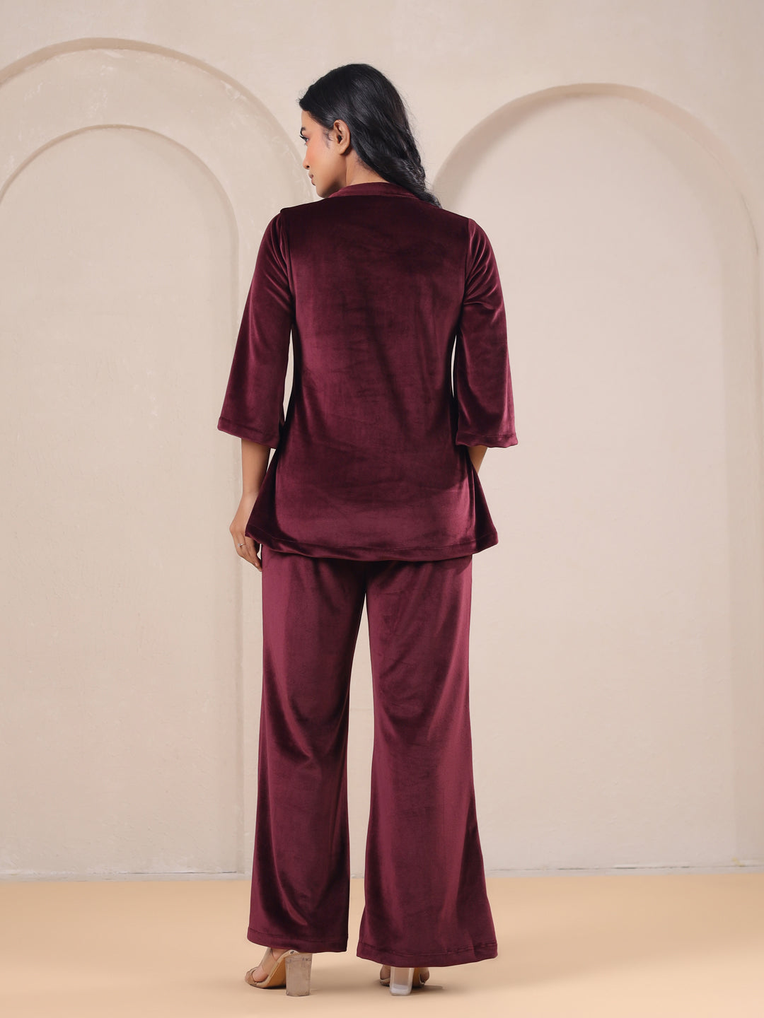 Maroon Solid Velvet Night Suit