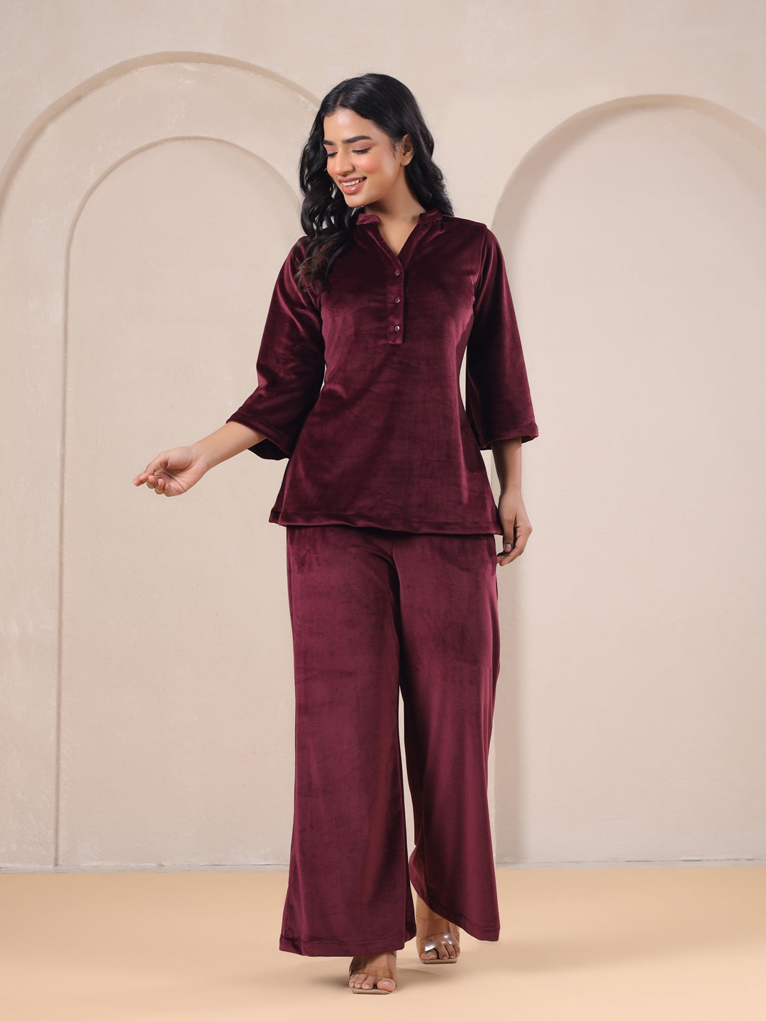 Maroon Solid Velvet Night Suit