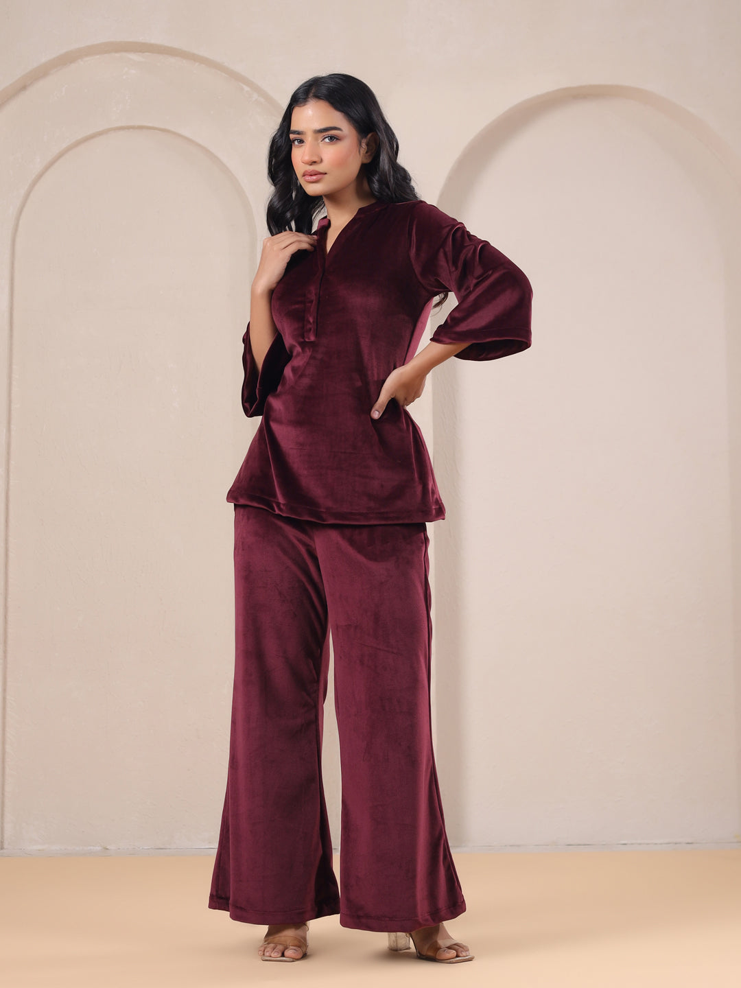 Maroon Solid Velvet Night Suit