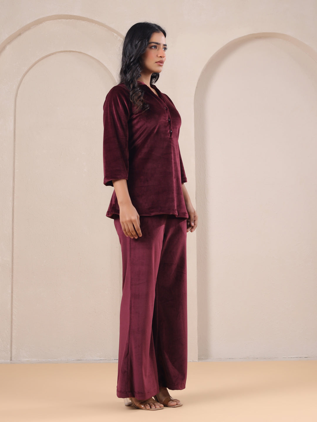 Maroon Solid Velvet Night Suit