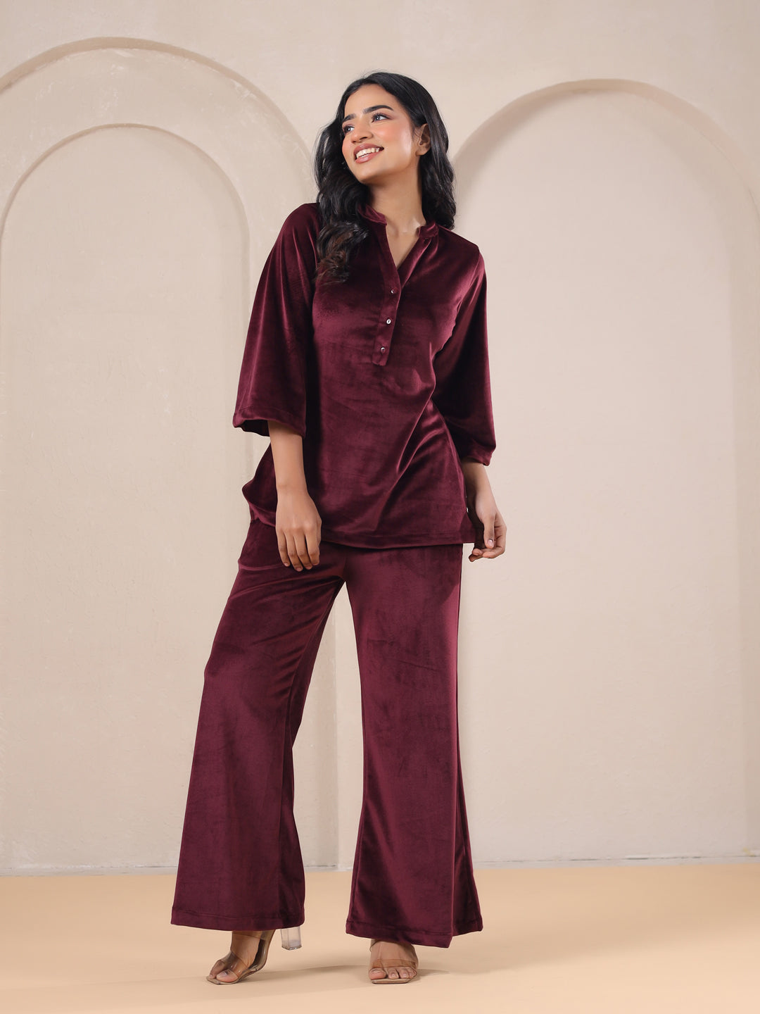 Maroon Solid Velvet Night Suit