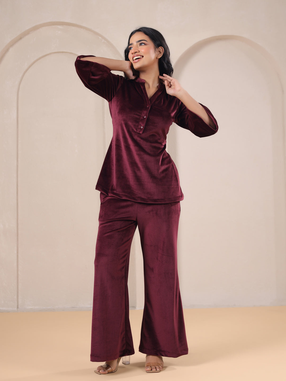 Maroon Solid Velvet Night Suit