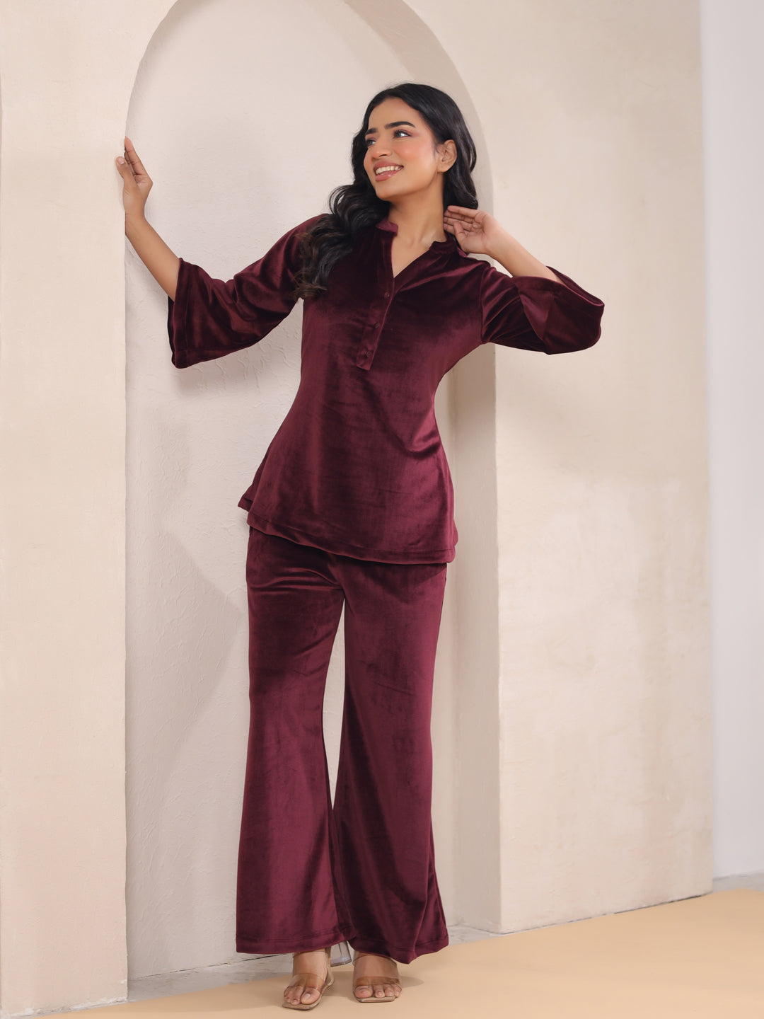 Maroon Solid Velvet Night Suit