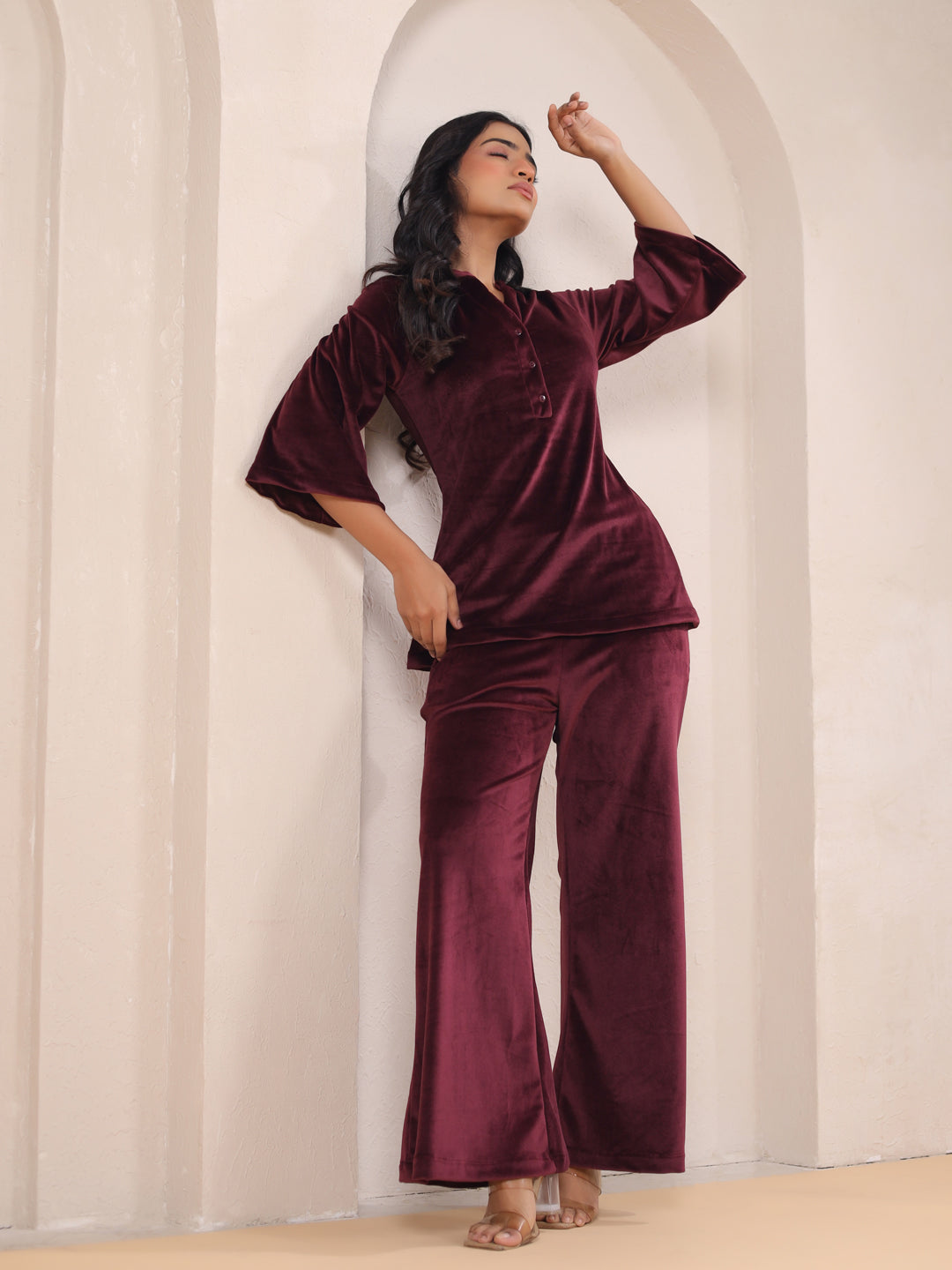 Maroon Solid Velvet Night Suit