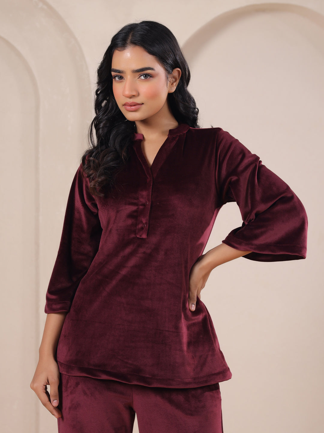 Maroon Solid Velvet Night Suit