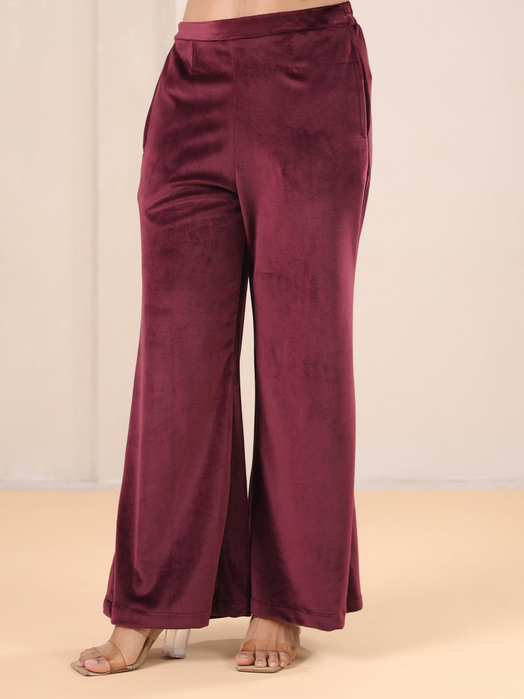 Maroon Solid Velvet Night Suit