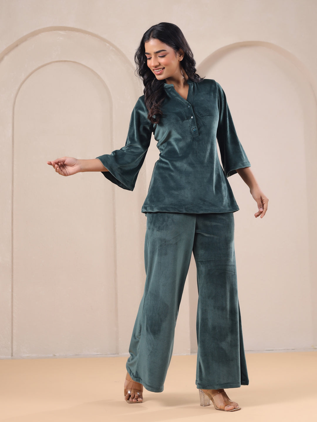 Olive Solid Velvet Night Suit Set