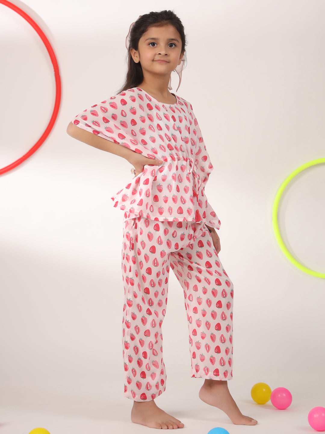 Pink Strawberry Printed Cotton Night Suit for Kids