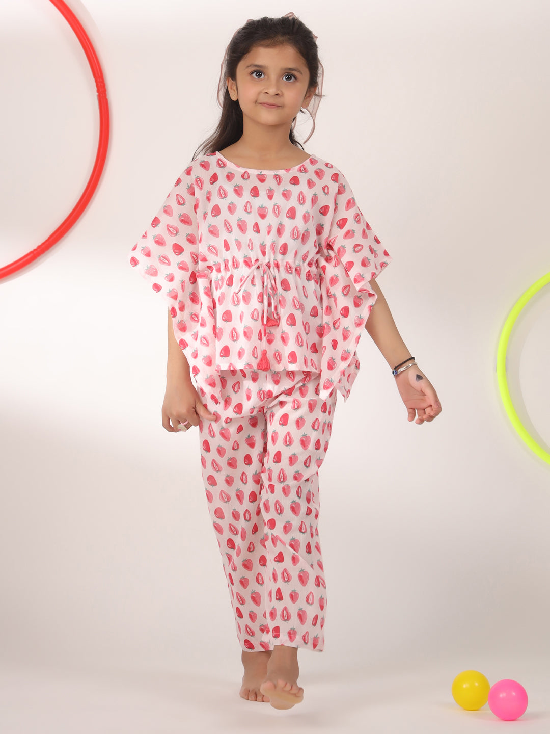 Pink Strawberry Printed Cotton Night Suit for Kids