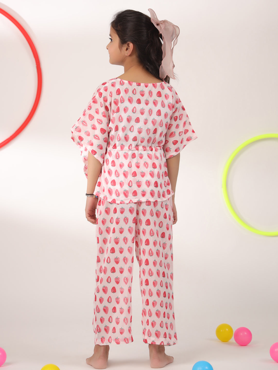 Pink Strawberry Printed Cotton Night Suit for Kids