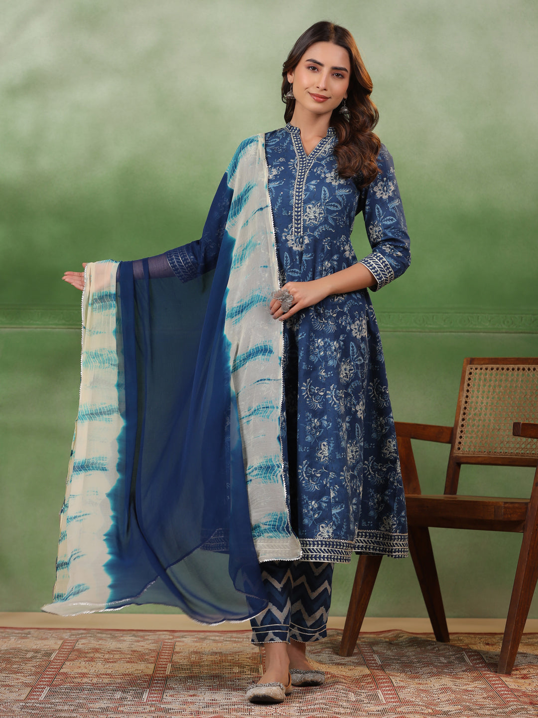 Blue Flower Printed Cotton kurta  Suit Set