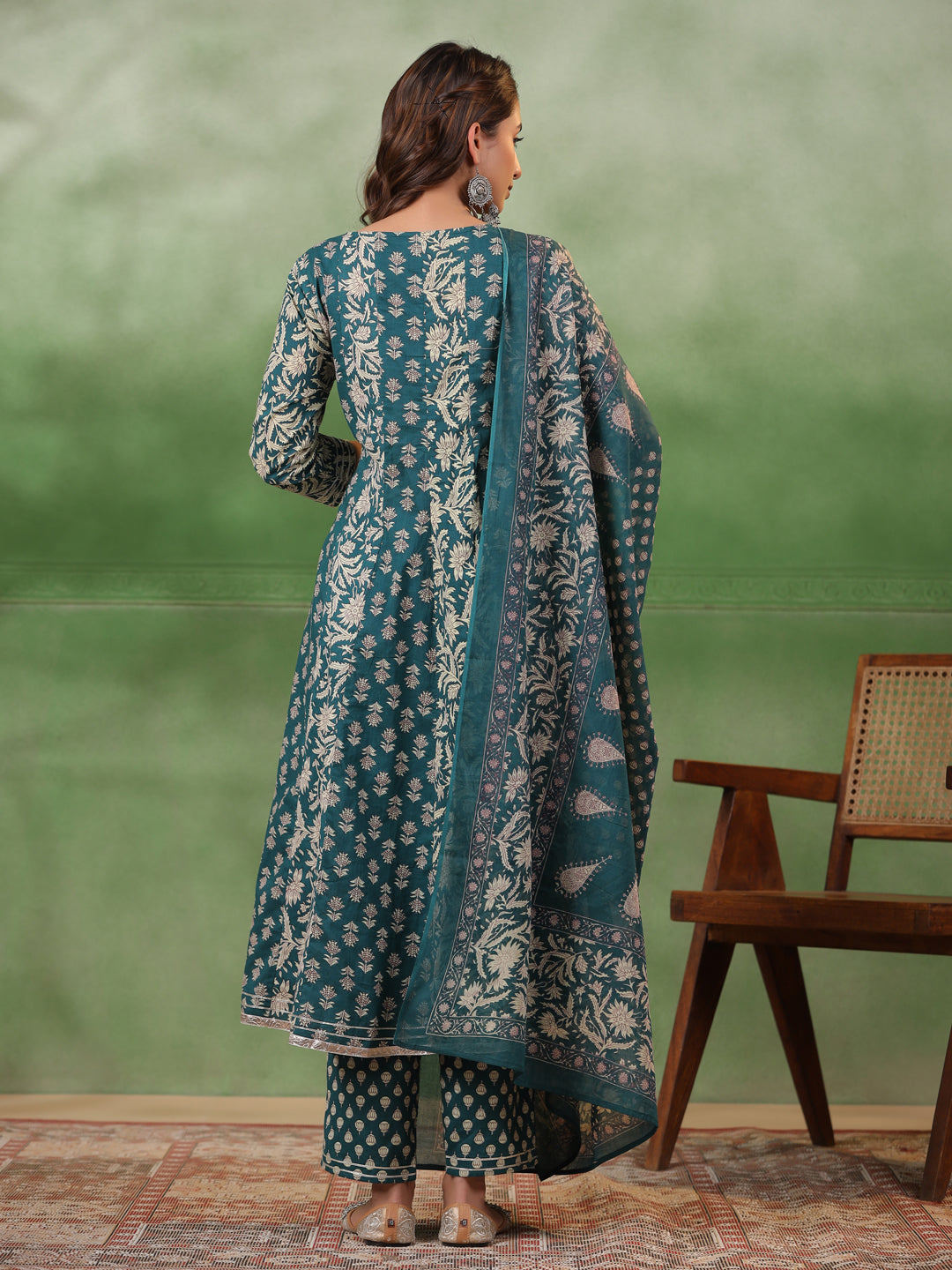 Women set of Pure Cotton 3 pcs Teal Colour Flared Printed Kurta Sets