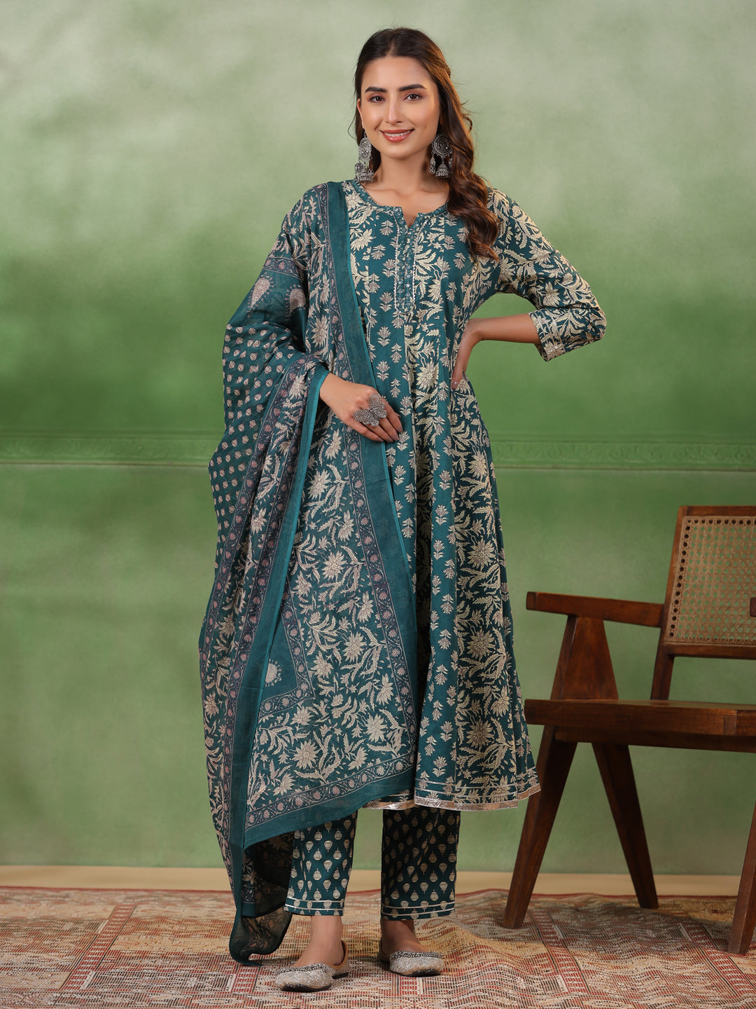 Women set of Pure Cotton 3 pcs Teal Colour Flared Printed Kurta Sets