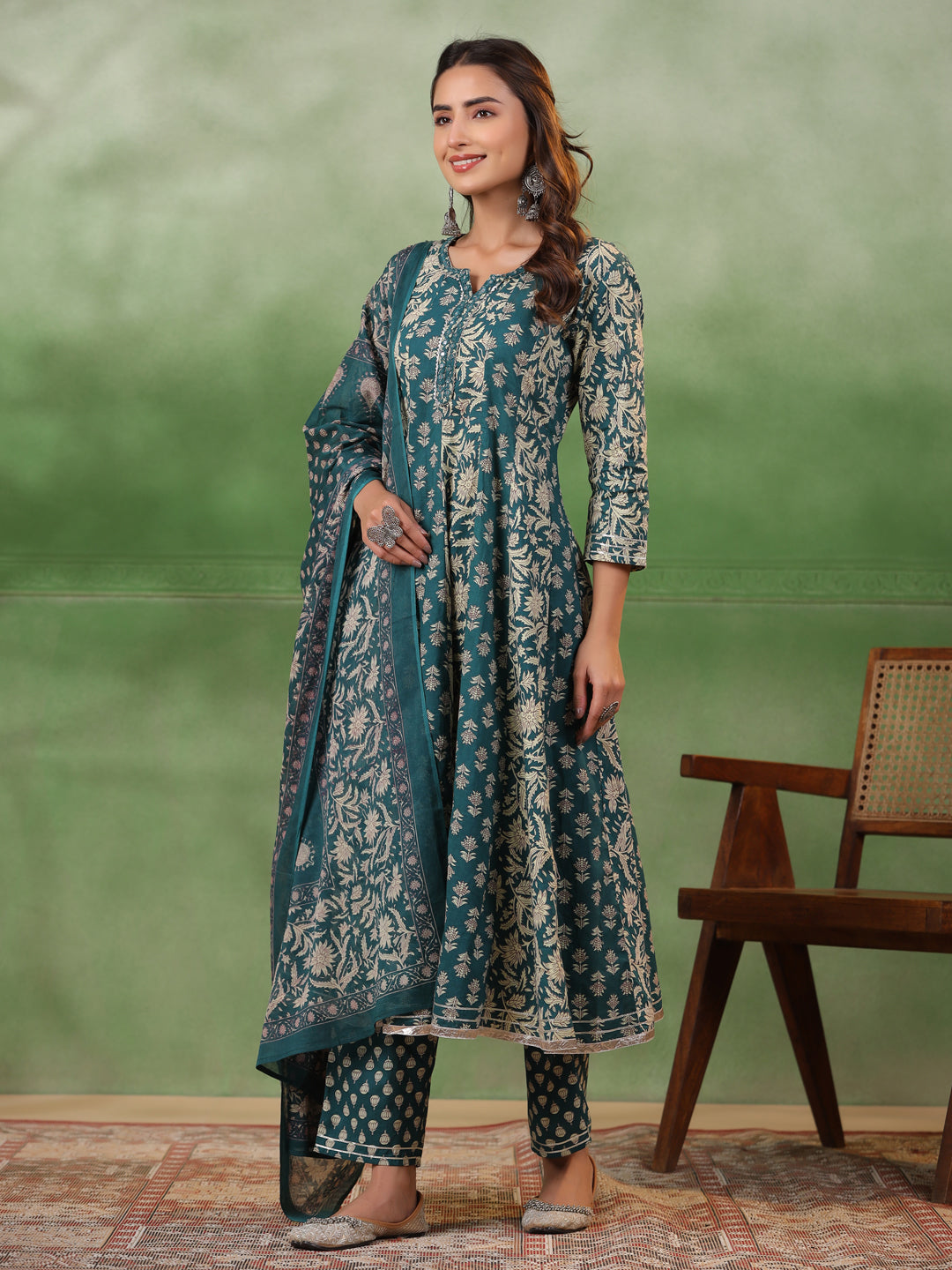 Women set of Pure Cotton 3 pcs Teal Colour Flared Printed Kurta Sets