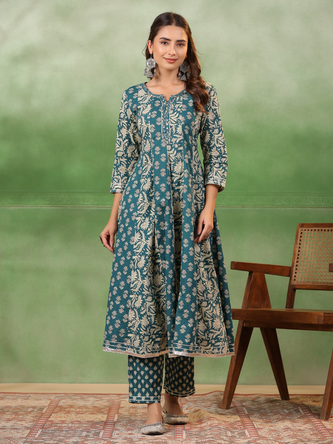 Women set of Pure Cotton 3 pcs Teal Colour Flared Printed Kurta Sets