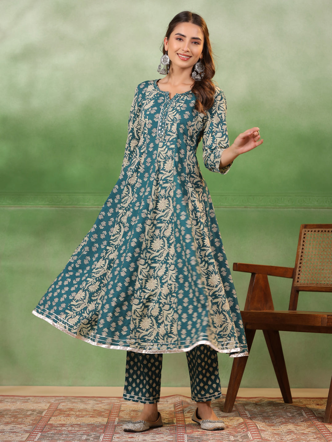 Women set of Pure Cotton 3 pcs Teal Colour Flared Printed Kurta Sets