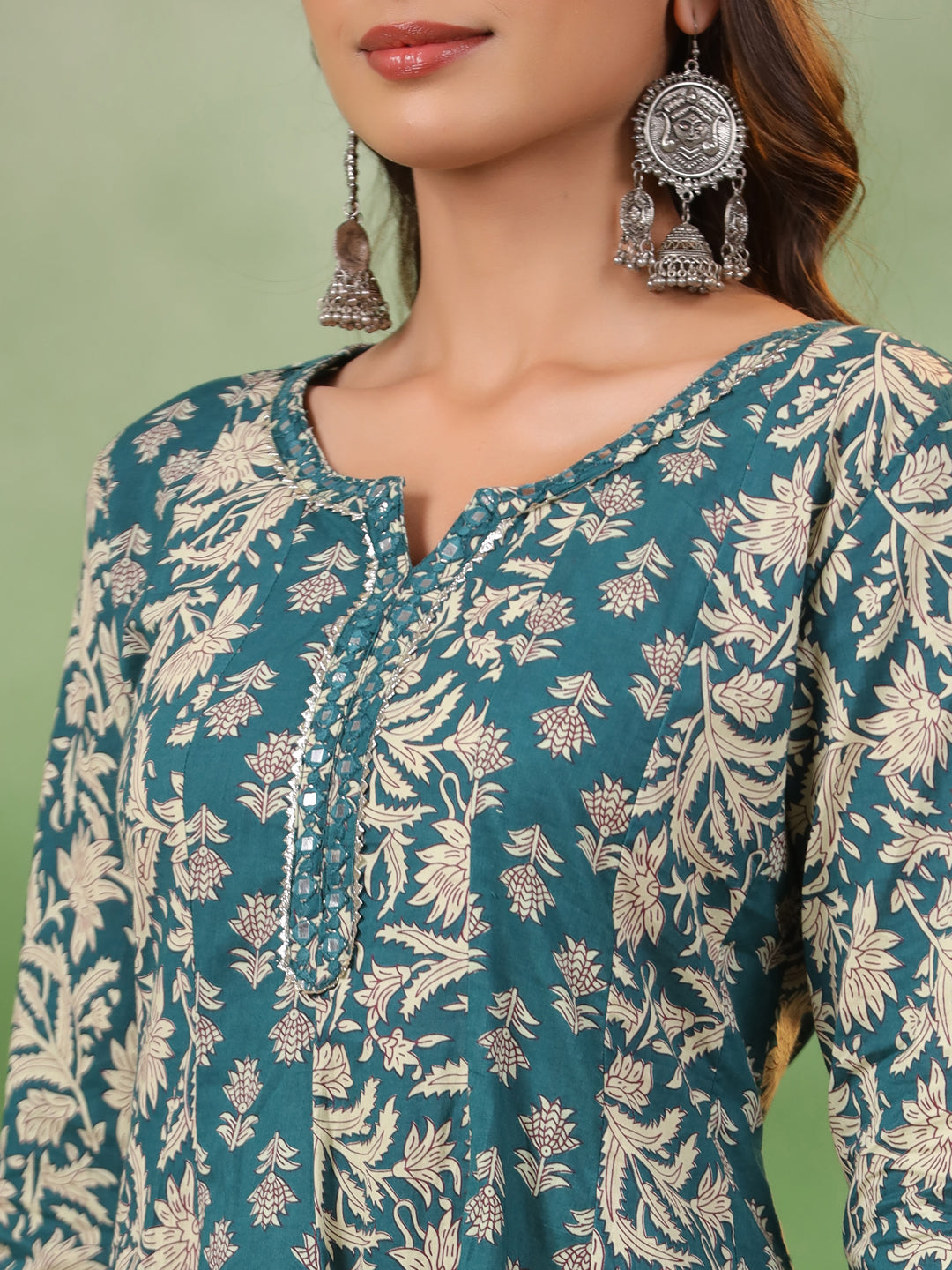 Women set of Pure Cotton 3 pcs Teal Colour Flared Printed Kurta Sets