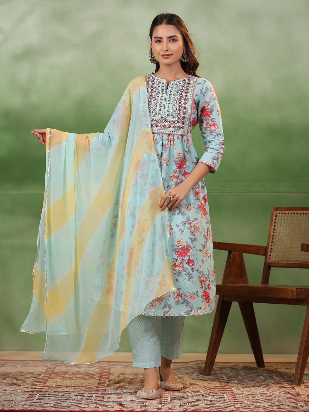 Blue Cotton Kurta Set with Dupatta