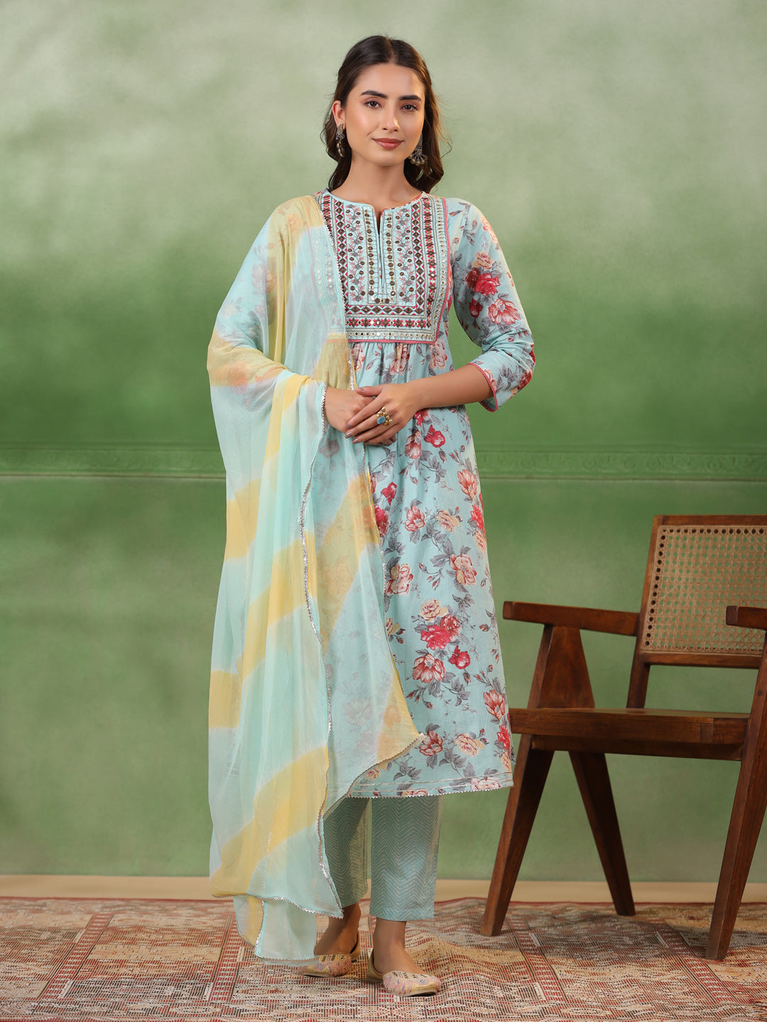 Blue Cotton Kurta Set with Dupatta