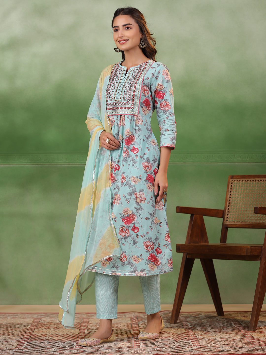 Blue Cotton Kurta Set with Dupatta