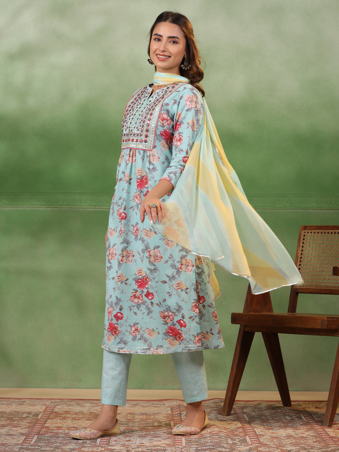 Blue Cotton Kurta Set with Dupatta