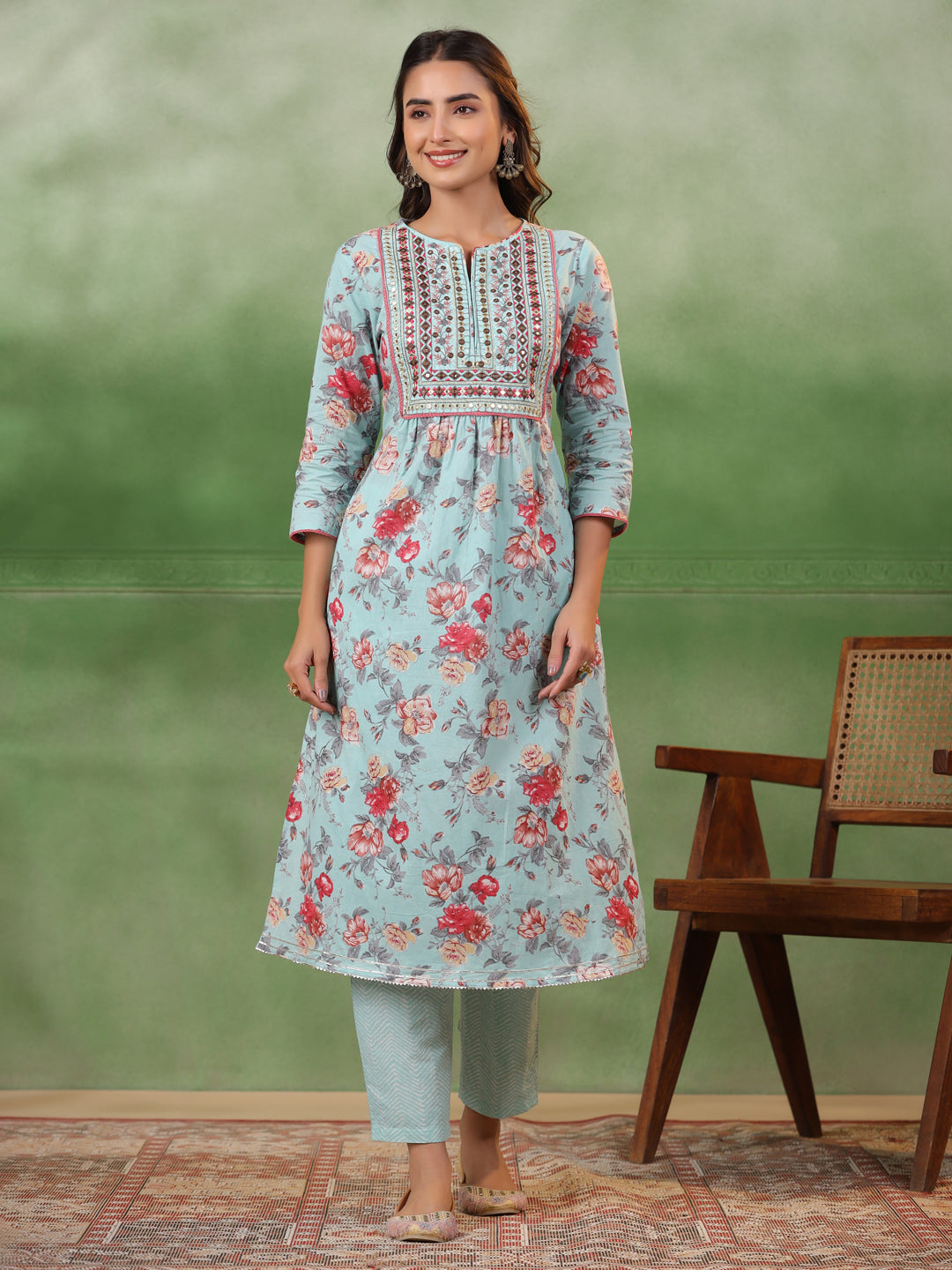 Blue Cotton Kurta Set with Dupatta