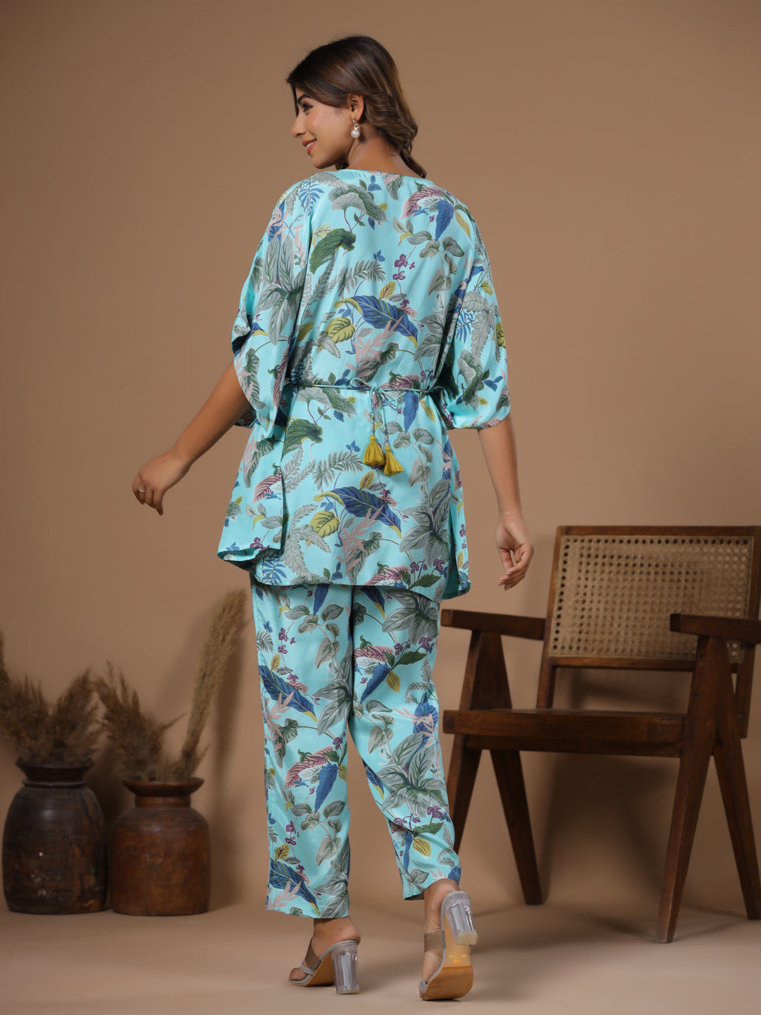 Floral baby blue  Silk Blend Kaftan Kurta with Trousers