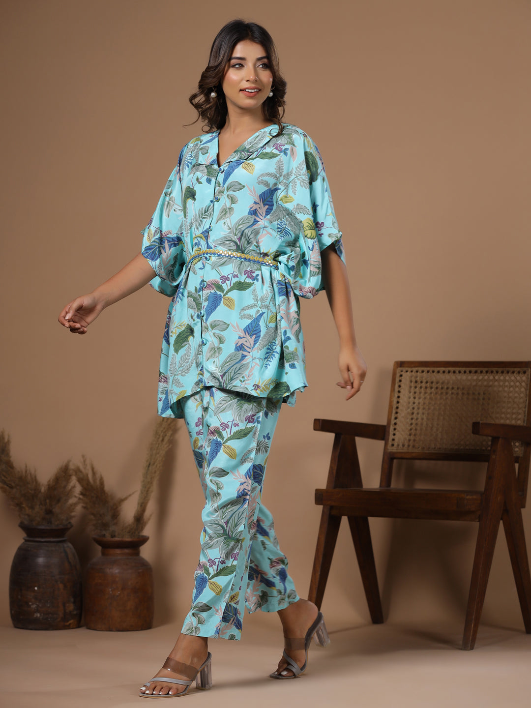 Floral baby blue  Silk Blend Kaftan Kurta with Trousers