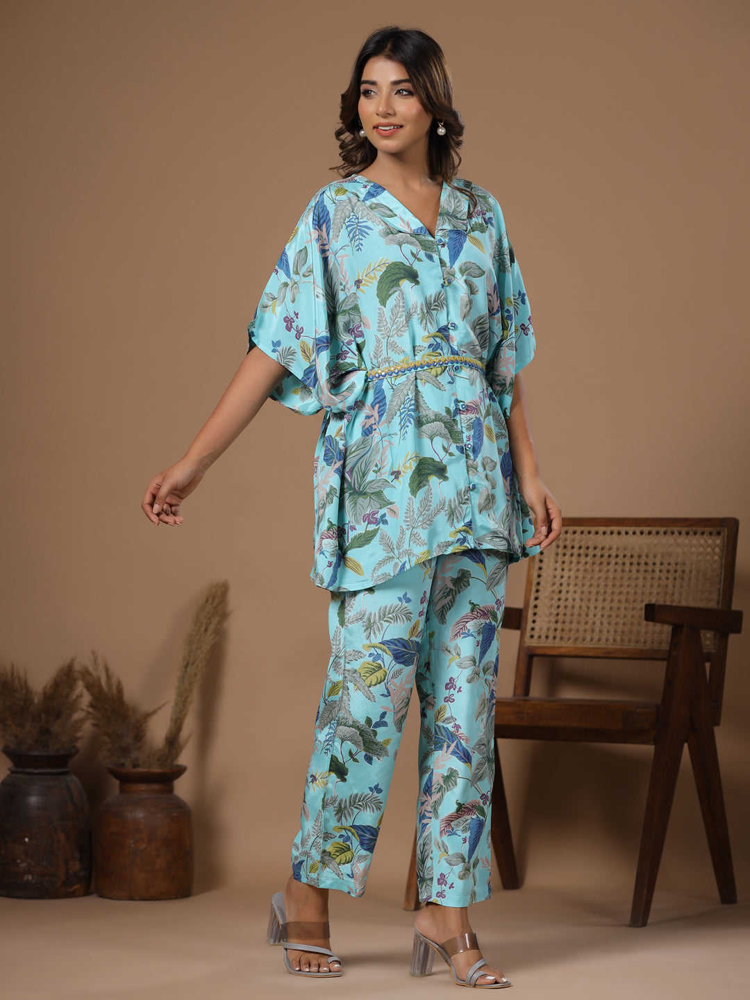 Floral baby blue  Silk Blend Kaftan Kurta with Trousers