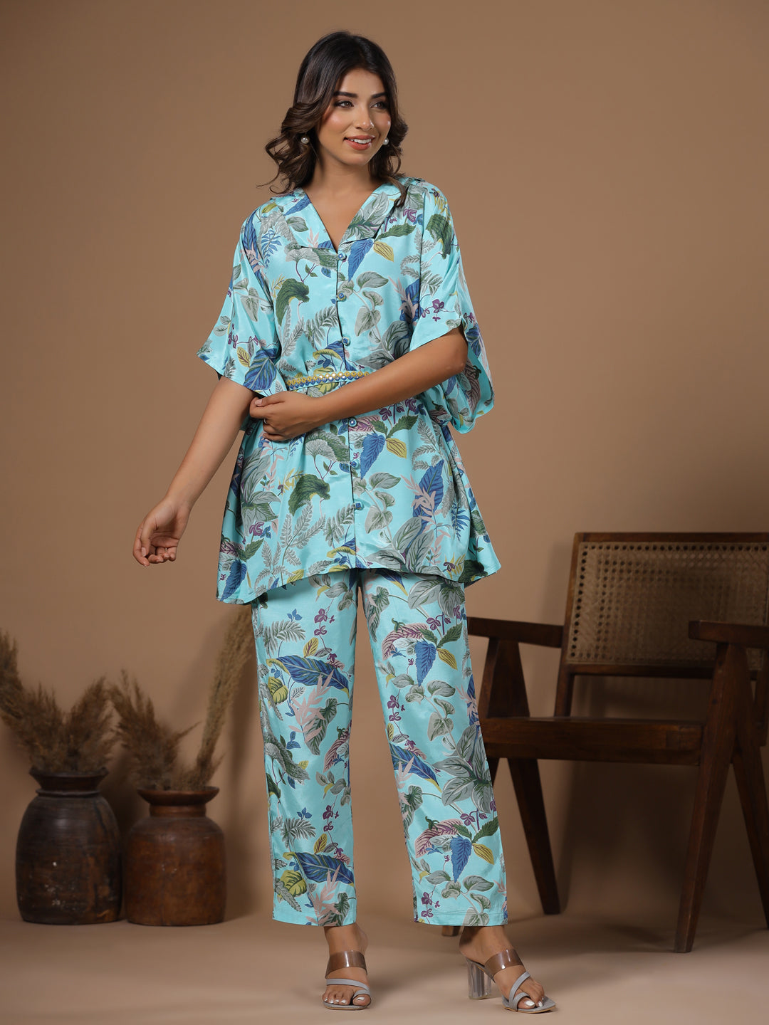 Floral baby blue  Silk Blend Kaftan Kurta with Trousers