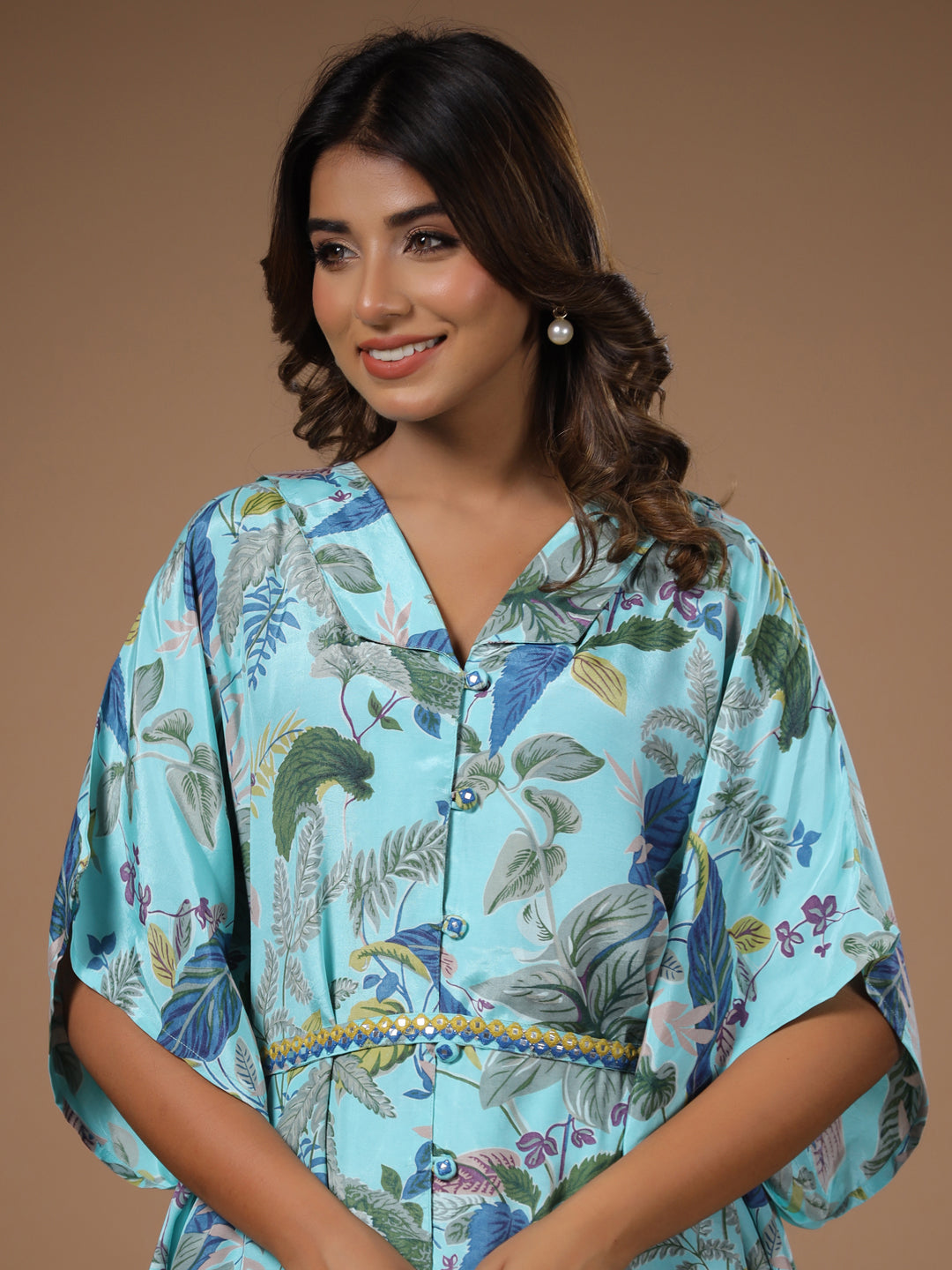 Floral baby blue  Silk Blend Kaftan Kurta with Trousers