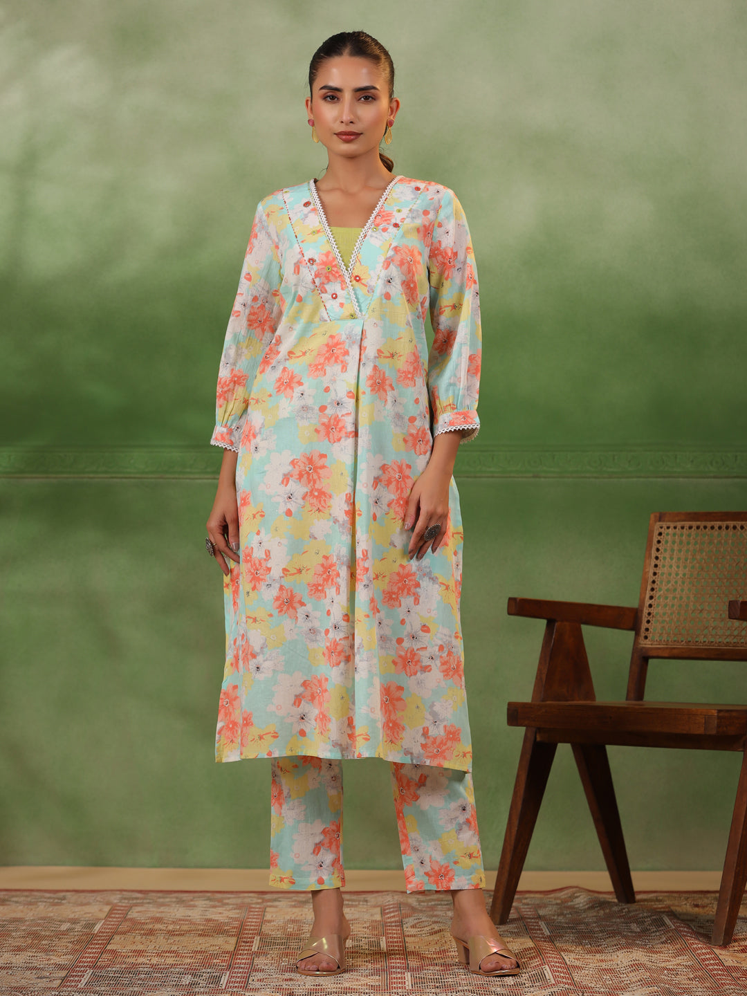 Floral Printed V-Neck Cotton Kurta Set