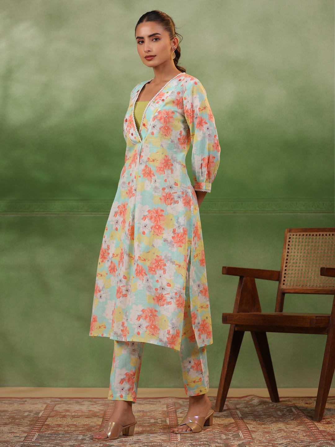 Floral Printed V-Neck Cotton Kurta Set