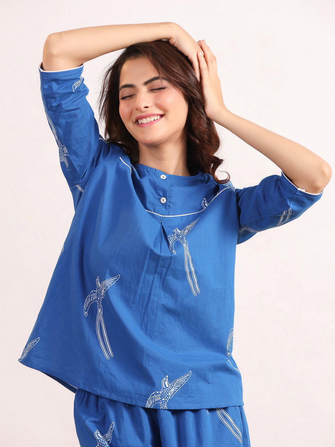 Blue bird print Cotton Printed Night Suit Set with Pajama