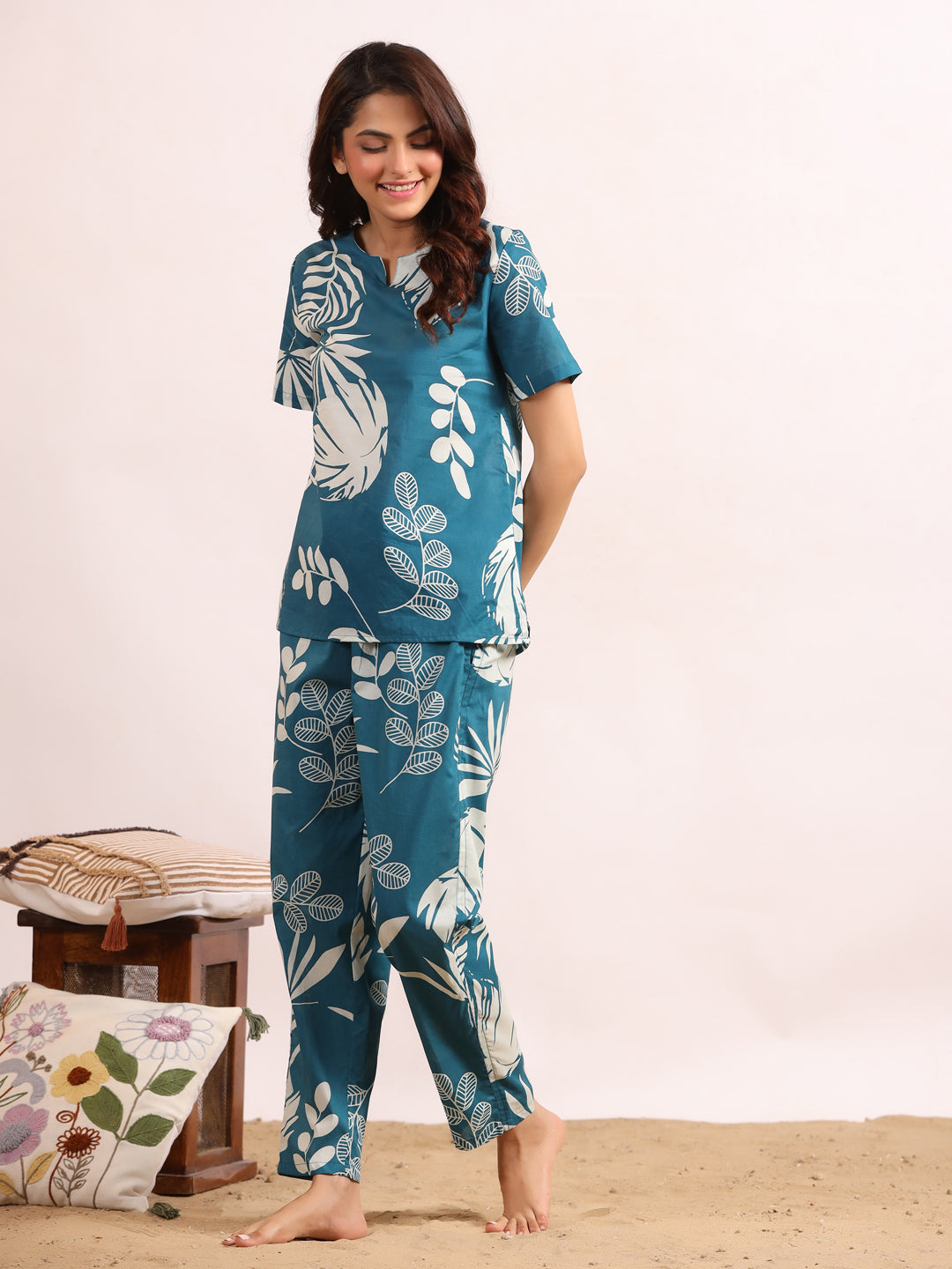 Blue tropical  Print Night Suit Set with Payjama