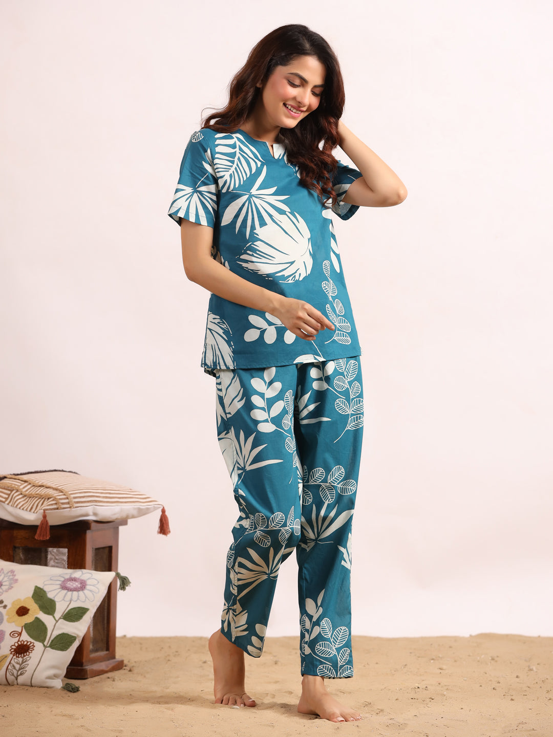 Blue tropical  Print Night Suit Set with Payjama