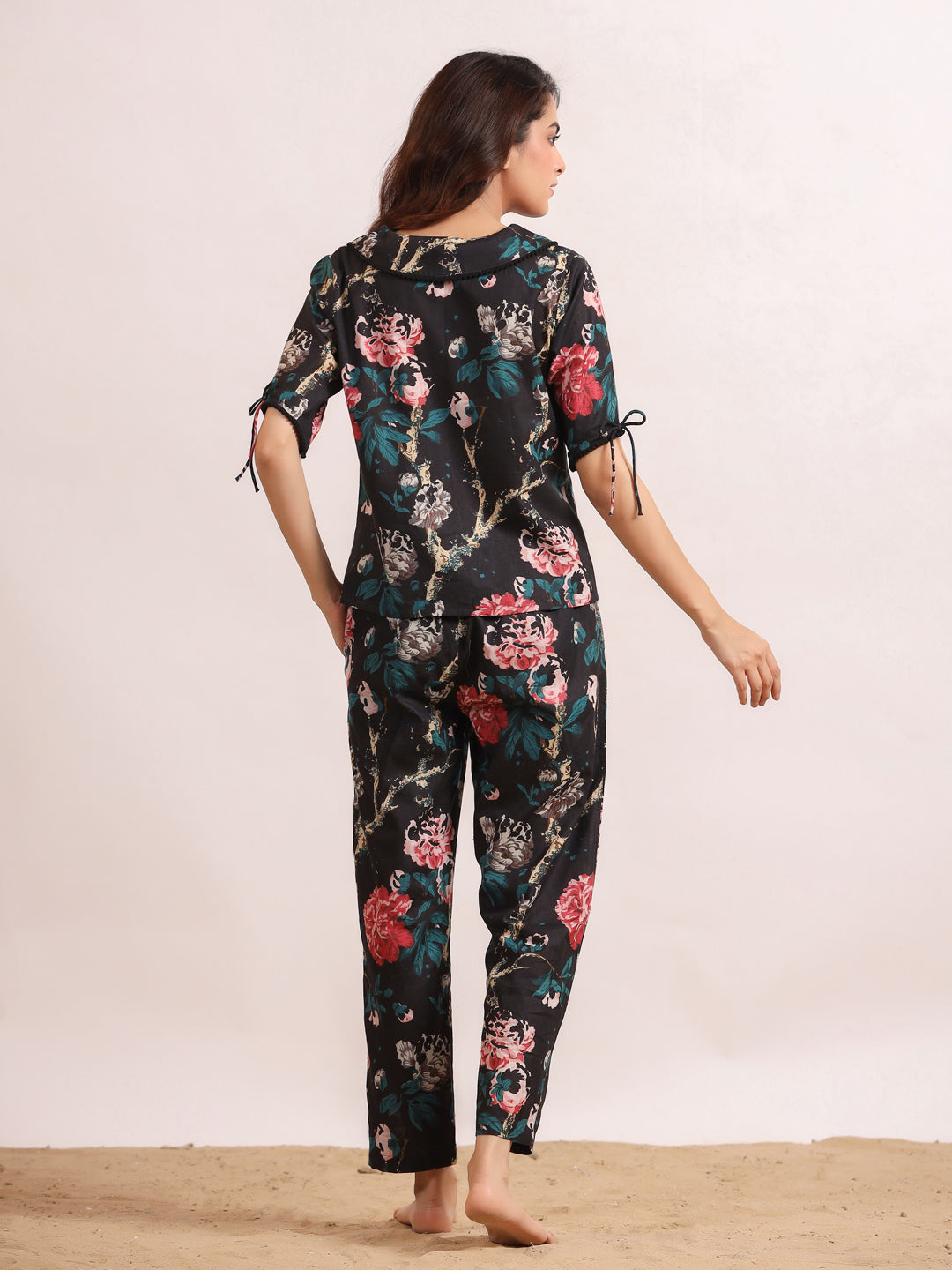 Black floral printed Cotton Printed Night Suit Set with Pajama