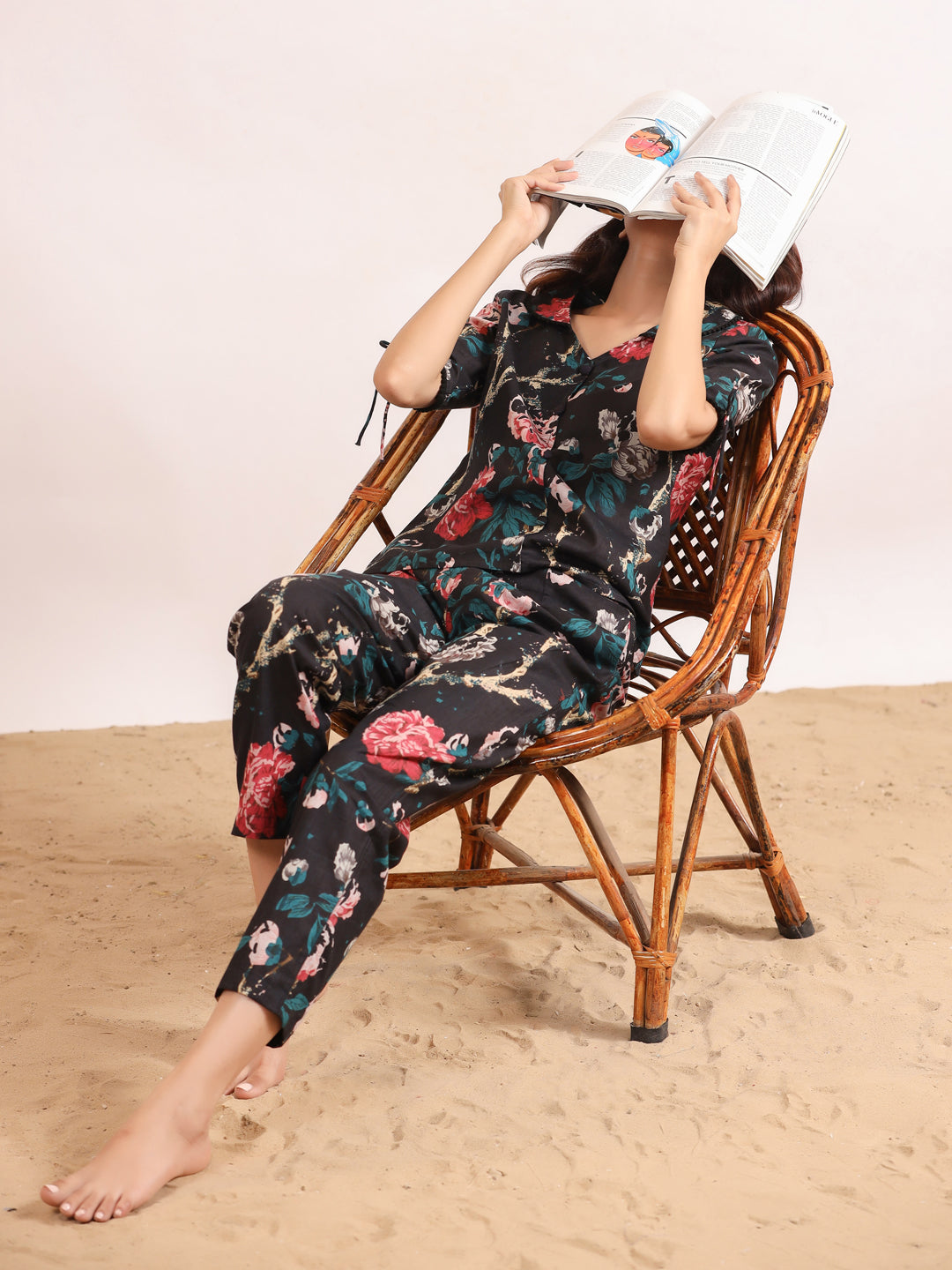 Black floral printed Cotton Printed Night Suit Set with Pajama