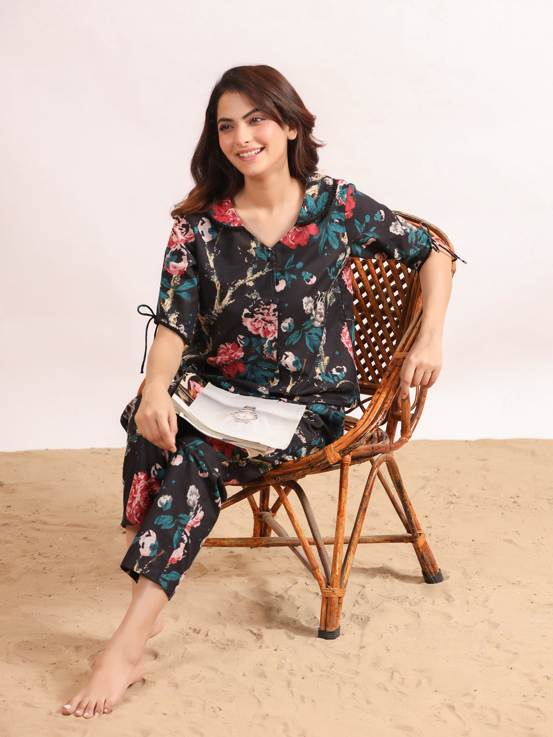 Black floral printed Cotton Printed Night Suit Set with Pajama