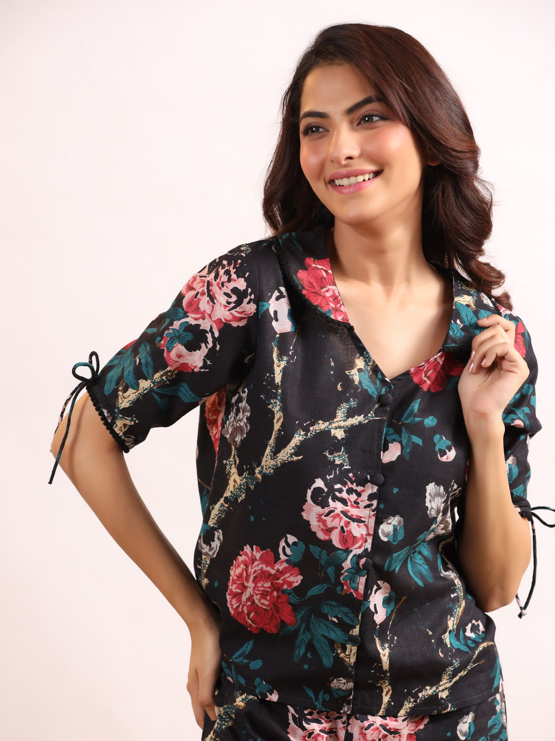 Black floral printed Cotton Printed Night Suit Set with Pajama