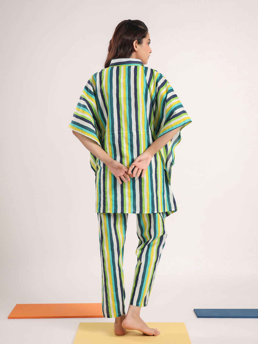 Green & White Striped Kaftan Set