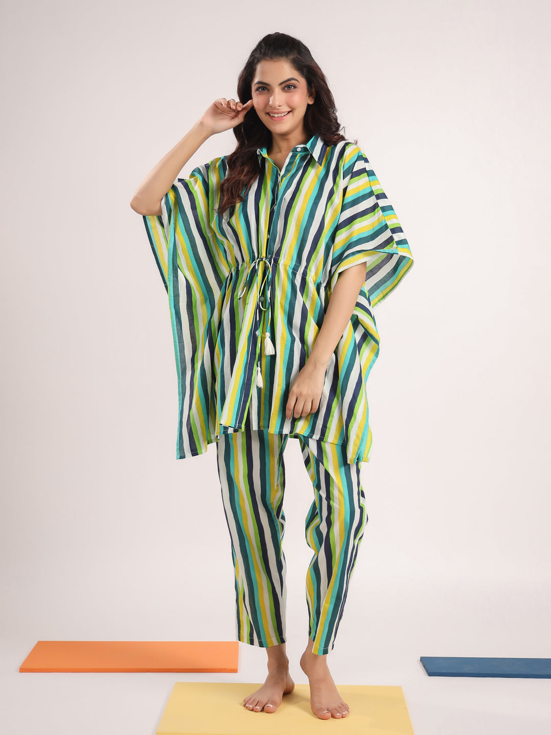 Green & White Striped Kaftan Set