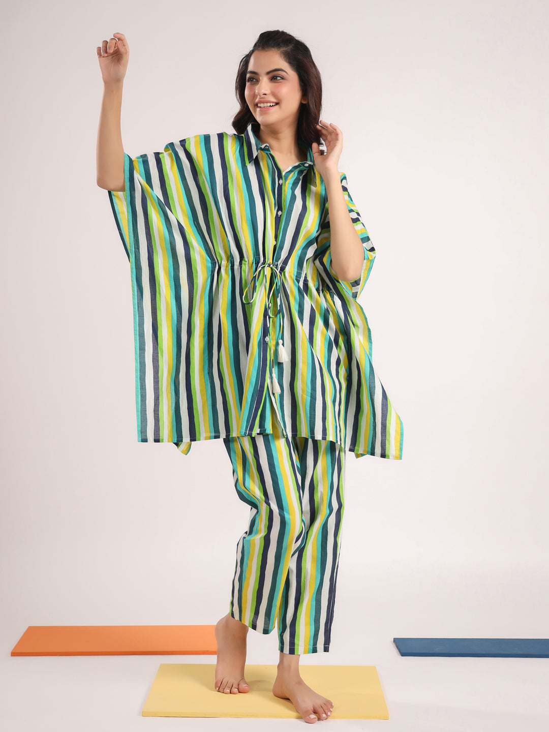 Green & White Striped Kaftan Set