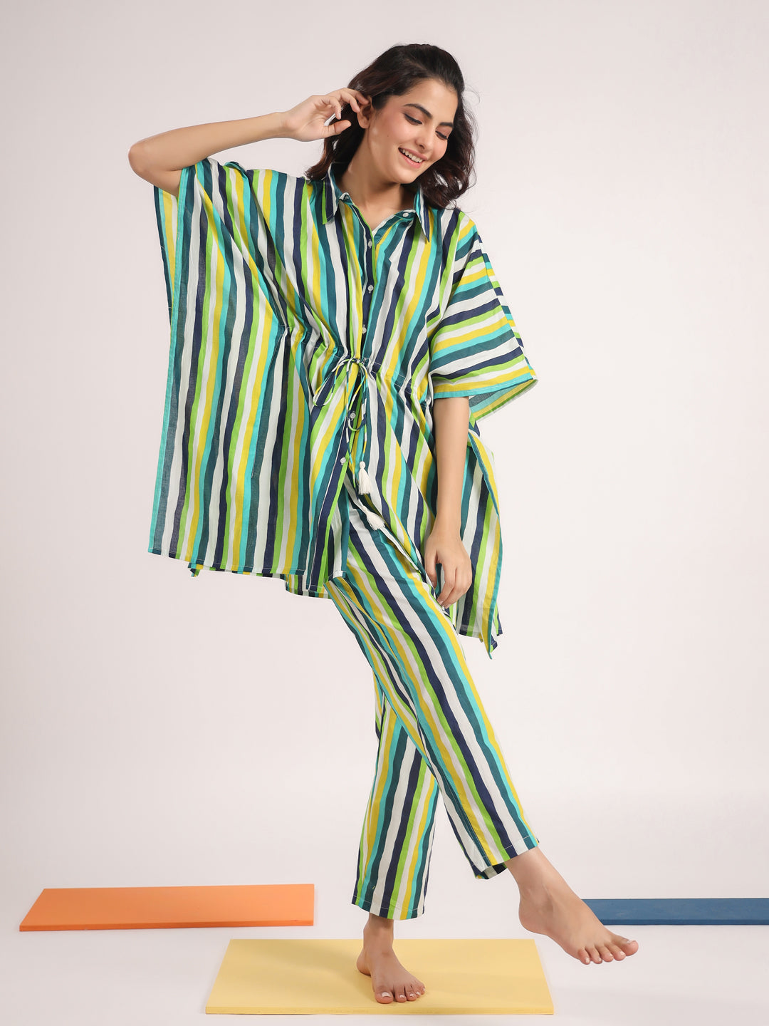 Green & White Striped Kaftan Set