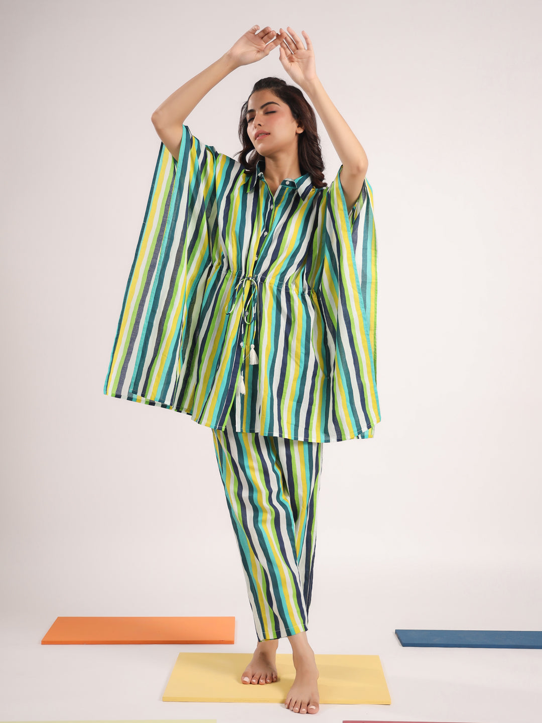 Green & White Striped Kaftan Set