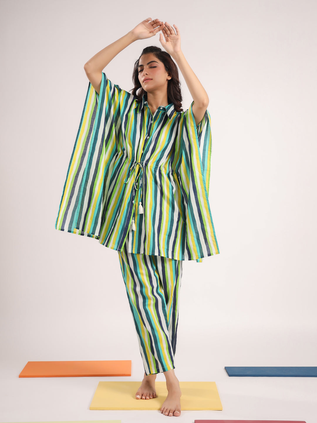 Green & White Striped Kaftan Set