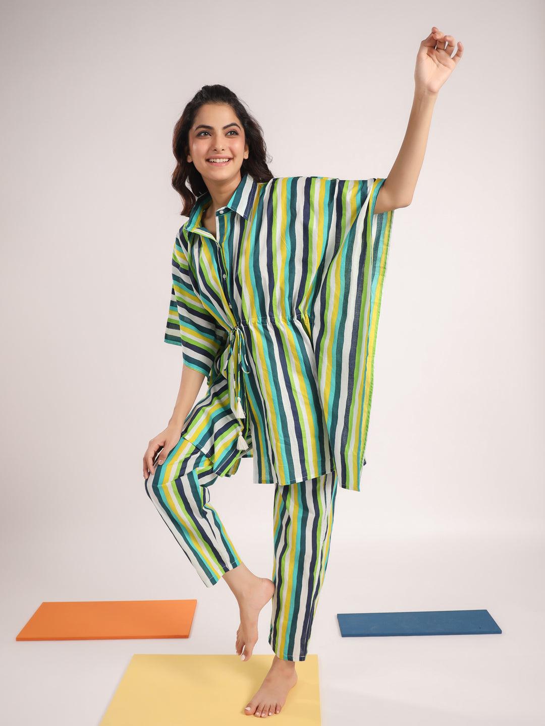 Green & White Striped Kaftan Set