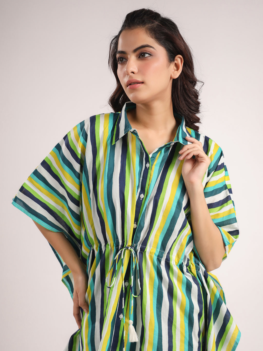 Green & White Striped Kaftan Set